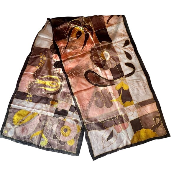 Hand-Painted Silk Scarf Abstract Floral Brown Gold Peach Black 57x16 Rolled Hem - Picture 2 of 10